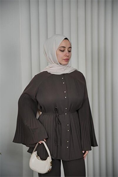 Neşeli Butik Women's Brown Pleated Button Detailed Double Loose-Fitting Hijab...