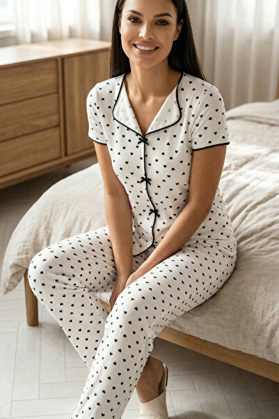 C&City Σετ πιτζάμες με λεπτομέρεια φιόγκου, μαλακό κοντομάνικο, μαύρη καρδιά