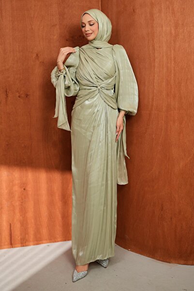 İmajButik Βραδινό φόρεμα από σιφόν σε πράσινο μέντα με λεπτομέρεια στο μπροστ...