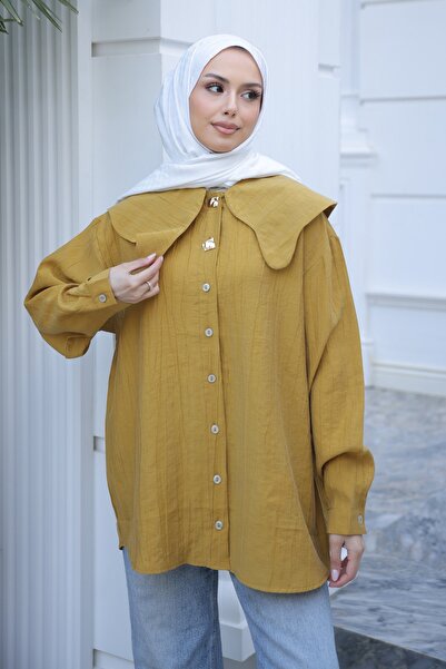 İmajButik Πουκάμισο με κουμπιά και λεπτομέρεια γιακά σε χρώμα μουστάρδας