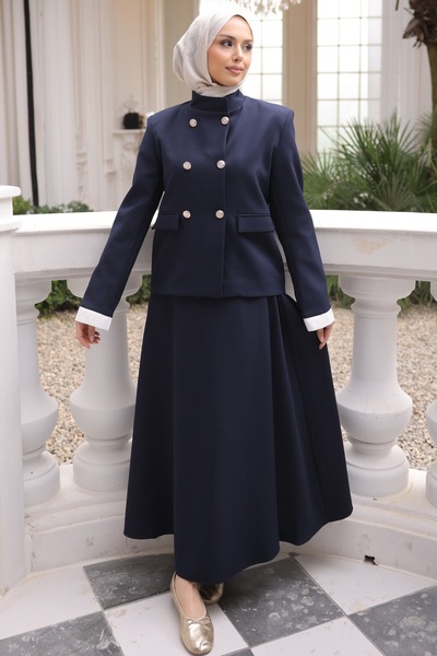 İmajButik Σετ Κρεπ Σακάκι και Φούστα σε Ναυτικό Μπλε