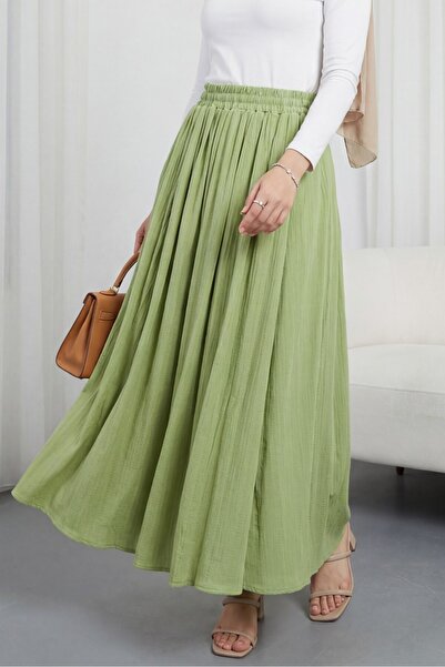 Modamorfo Μακριά φούστα γκοφρέ με ελαστική μέση και επένδυση - πράσινο