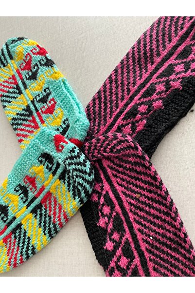 Çetik Hand-Knitted Patterned Colorful Booties with Dowry Decoration 2 Pieces Size 36-40