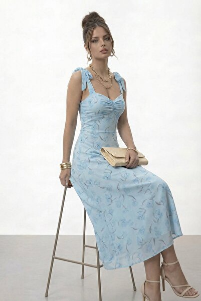 VAGGON فستان ميدي مزين بالزهور مع أشرطة على الكتف ورباط للخصر