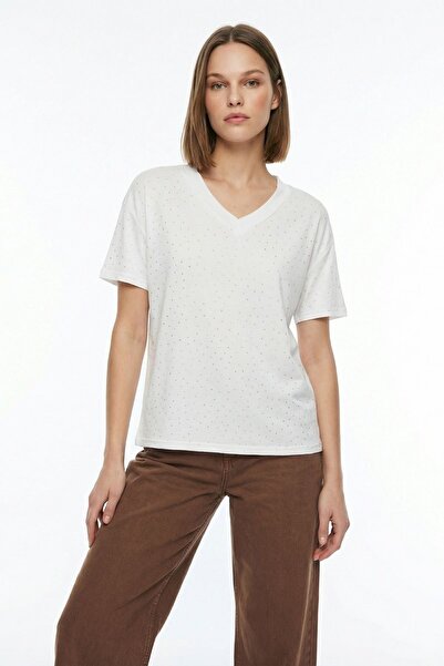 Rays Μπλουζάκι με κοντό μανίκι και λαιμόκοψη V σε χρώμα εκρού 1761