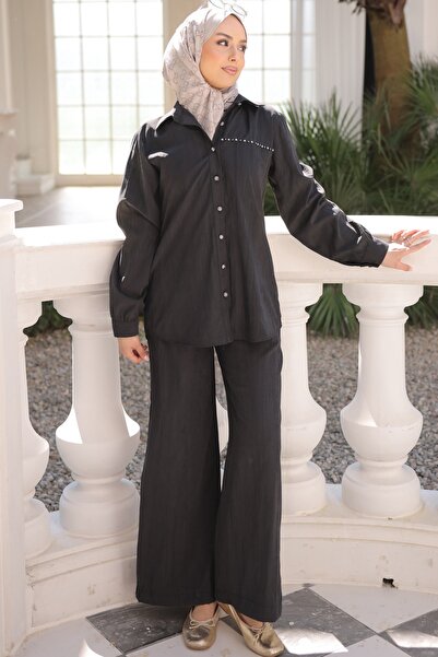 İmajButik Black Buttoned Tunic Pantsuit with Stone Detail on the Front