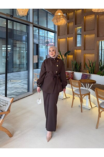 FASHION Kadın Gold Düğme Kapama Detaylı Kuşaklı Alt - Üst Takım