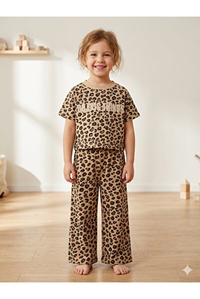 Motebarn Wear Κοριτσίστικο κοντομάνικο μπλουζάκι με λεοπάρ σχέδιο και φαρδύ π...