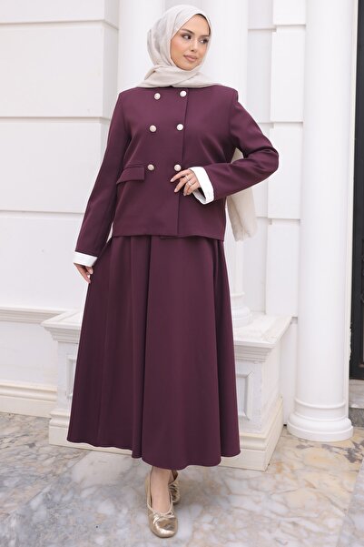 İmajButik Σετ Κρεπ με Παλτό και Φούστα σε χρώμα Δαμασκηνί