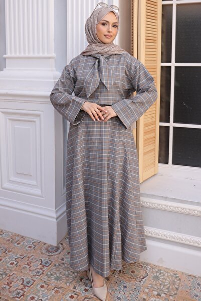 İmajButik Γκρι καρό πουκάμισο με λεπτομέρεια στο γιακά και φούστα