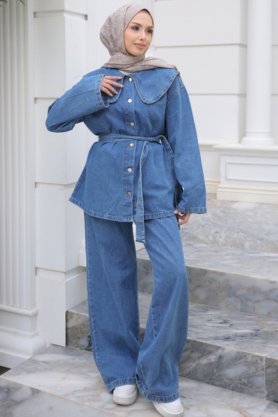 İmajButik Blue Buttoned Collar Jacket and Trousers Suit
