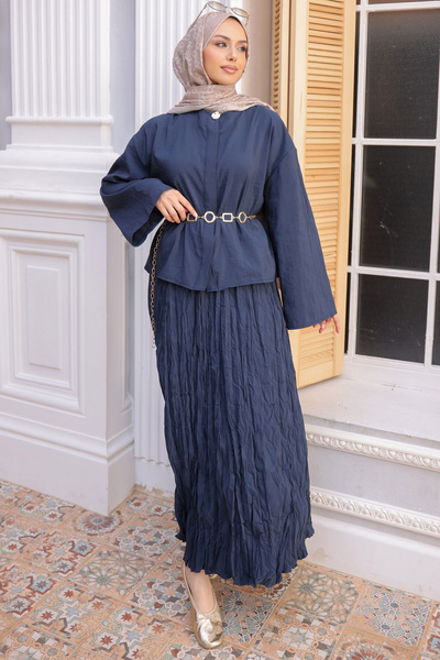 İmajButik Σετ πουκάμισο και φούστα σε ναυτικό μπλε με λεπτομέρεια ζώνης με αλ...