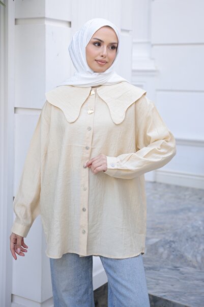 İmajButik Πουκάμισο με κουμπιά και λεπτομέρεια στον γιακά σε κρεμ απόχρωση