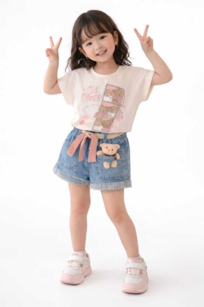 kidsense Teddy Bear Pocket Detailed Denim Shorts Girls' Set