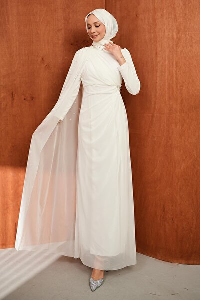 İmajButik Εκρού Βραδινό Φόρεμα με Ντραπέ Σχέδιο και Λεπτομέρειες από Πέρλες