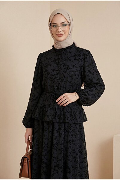 Modamorfo Σετ φούστας με βολάν στο γιακά και επένδυση με στάμπα Flock - μαύρο