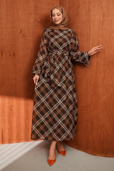 İmajButik Καφέ φόρεμα με καρό σχέδιο και σάλι
