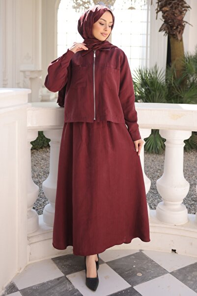 İmajButik Σετ μπουφάν με φερμουάρ και φούστα σε μπορντό χρώμα