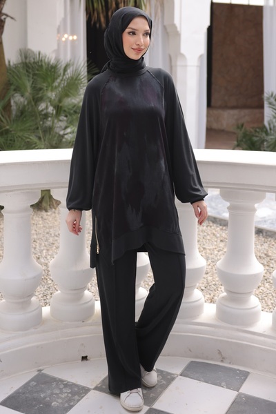 İmajButik Black Tunic Zipper Detailed Pants Suit