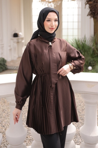 İmajButik Καφέ πλισέ τουνίκ με γιακά φουλάρι