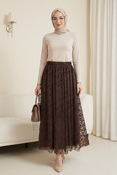 Modamorfo Ελαστική μέση, εμπριμέ φούστα από τούλι με επένδυση -k. Καφέ