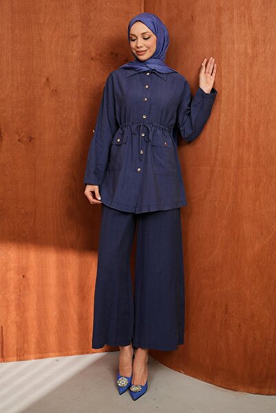 İmajButik Σετ παντελονιού τουνίκ σε μπλε ναυτικό χρώμα με κορδόνι στη μέση