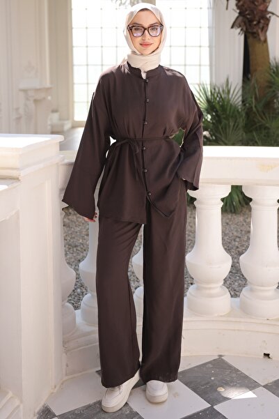 İmajButik Καφέ Σετ Τουνίκ με Φαρδιά Μανίκια και Δέσιμο στη Μέση με Παντελόνι