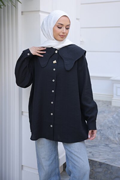 İmajButik Черна риза с копчета и детайлна яка