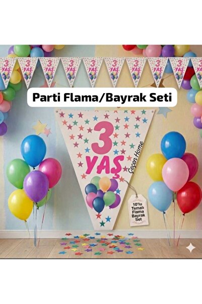 ÇEÇEN HOME Σετ 10 τεμαχίων Ροζ Τρίγωνο Σημαία Γενεθλίων 3ων Γενεθλίων με Σχέδ...