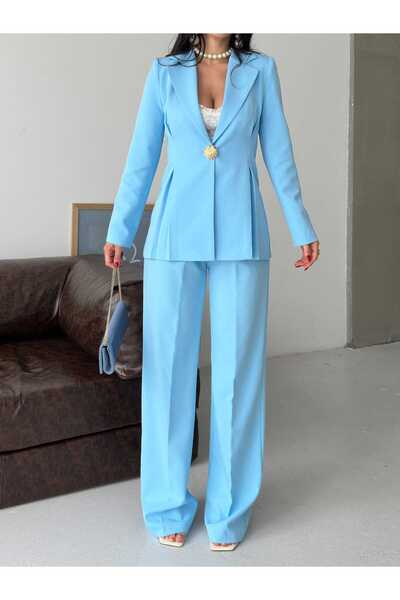 Moda İkra Blazer Jacket Wide Leg Pants Set Gold Button Detail