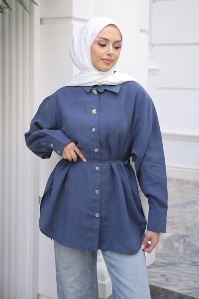 İmajButik قميص أزرق داكن بأزرار وربطة خصر