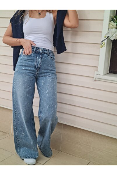 Telablanka Stone Detailed Palazzo Jean - Blue High Waist Wide Leg Jean Pants