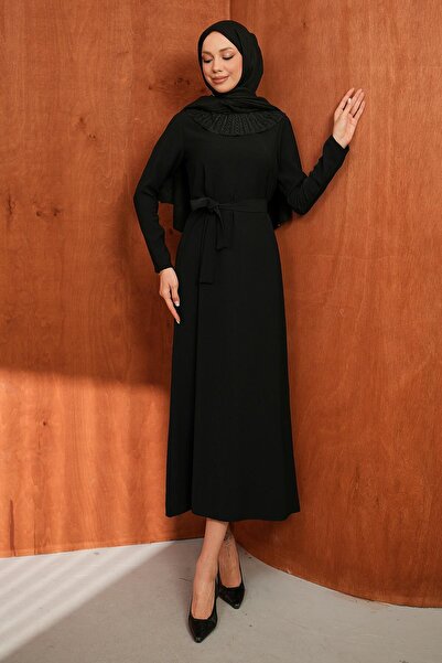 İmajButik Μαύρο φόρεμα με γιακά και δετή ζώνη