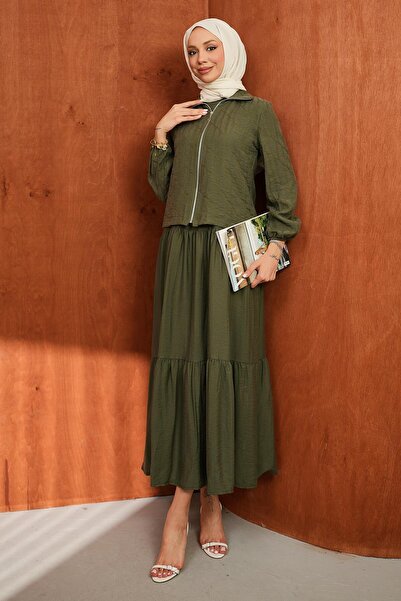 İmajButik Χακί Σετ Ζιλέ με Φερμουάρ, Μπουφάν και Φούστα