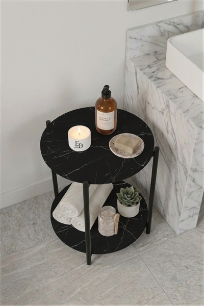 ED Efelez Design Bathroom Table, Decorative 2-Tier Shelf, Daisy Organizer, Black Metal - Black Marble Top
