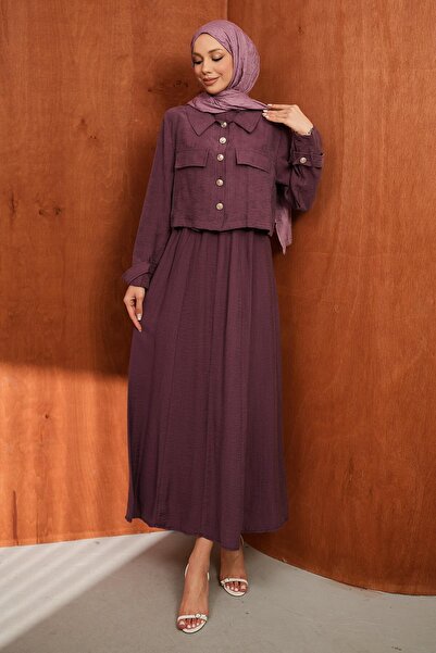 İmajButik Σετ Φόρεμα-Σακάκι Διπλής Συνδυαστικής Σύνθεσης σε χρώμα Δαμασκηνί