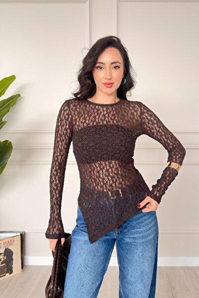 Hipo Trend Ασύμμετρη κομμένη διαφανής δαντελένια καφέ μπλούζα