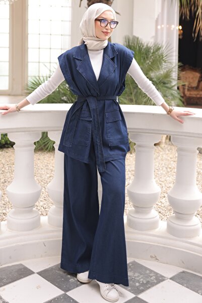 İmajButik Σετ τζιν Tencel με γιλέκο και παντελόνι σε μπλε ναυτικό χρώμα