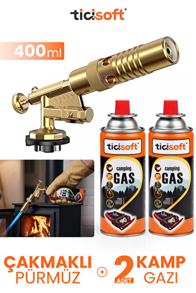 Ticisoft Çakmaklı Pürmüz 1300° Gazlı Torch Jet Metal Alev Tabancası 400ml Kam...