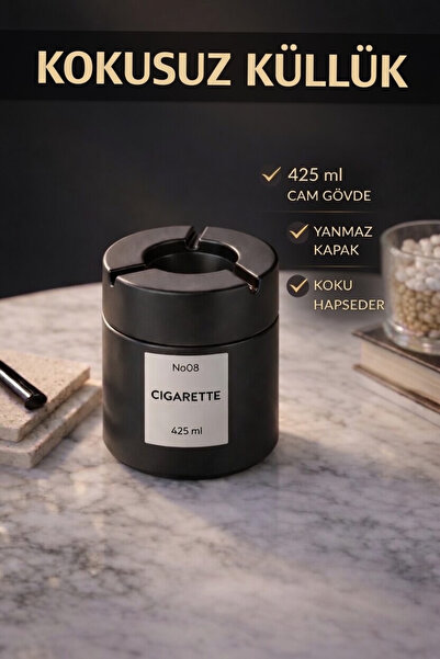 GENCHOME HOMEWARE Kapaklı Kokusuz Küllük 425 ml | Cam Hazne, Koku Hapseden Si...