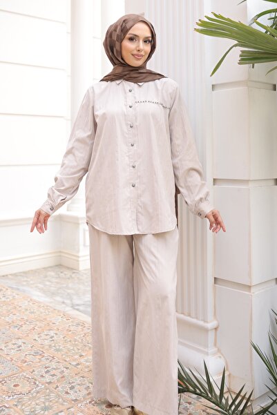 İmajButik طقم تونيك بأزرار وتفاصيل حجرية أمامية مع بنطلون