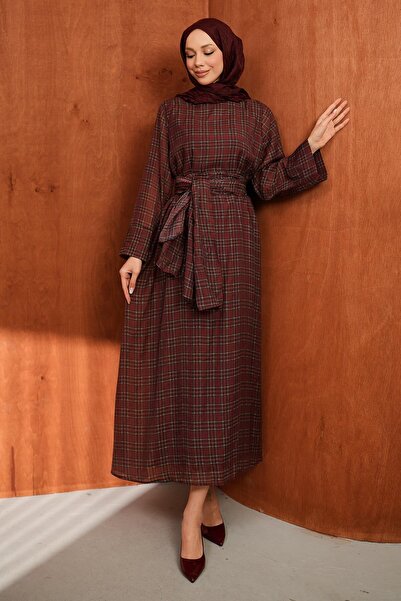 İmajButik Φόρεμα με καρό σχέδιο και σάλι σε μπορντό χρώμα