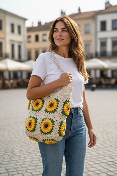 satürn hobi örgü tasarım Knitted Sunflower Motif Shoulder Bag