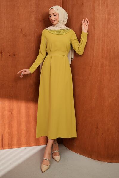 İmajButik Oil Green Collared Dress with Laced Belt