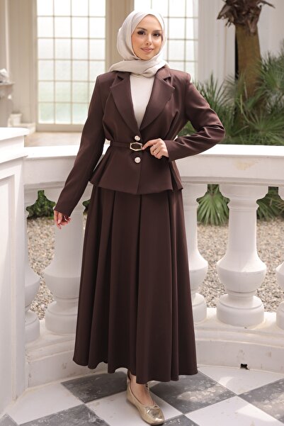 İmajButik Καφέ Σακάκι με Φούστα Σετ Κρεπ