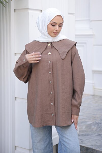 İmajButik Καφέ πουκάμισο με λεπτομέρεια στο γιακά και κουμπιά