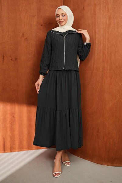 İmajButik Σετ με φούστα και μπουφάν με φερμουάρ σε ανθρακί χρώμα, με στρώσεις...