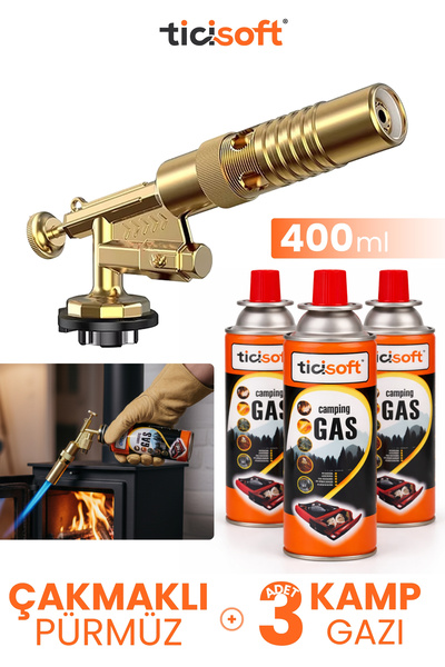 Ticisoft Çakmaklı Pürmüz 1300° Gazlı Torch Jet Metal Alev Tabancası 400ml Kam...