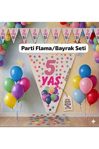 ÇEÇEN HOME Σετ 10 τεμαχίων Ροζ Τρίγωνο Σημαία Γενεθλίων 5ων Γενεθλίων με Σχέδ...