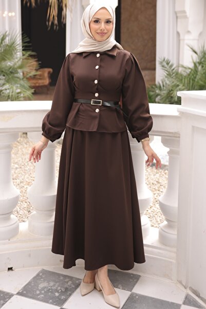 İmajButik Καφέ Σετ Πουκάμισο και Φούστα με Ραφές και Λεπτομέρειες στη Μέση